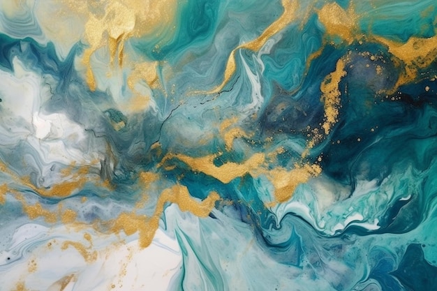 A painting of a blue and gold swirl.