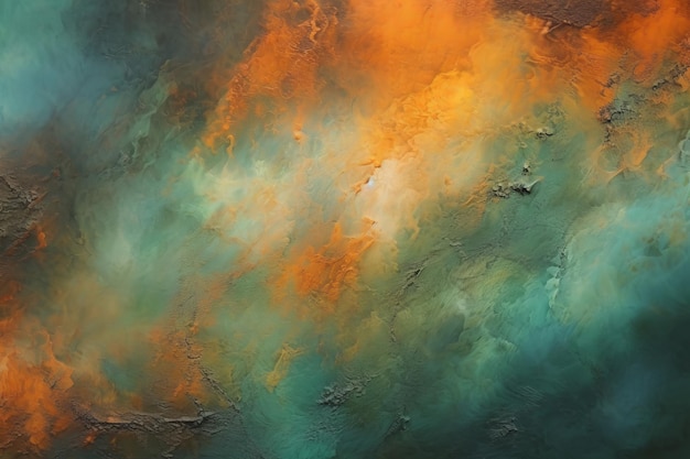 A painting of a blue and green abstract painting with a dark blue background and orange and green colors.