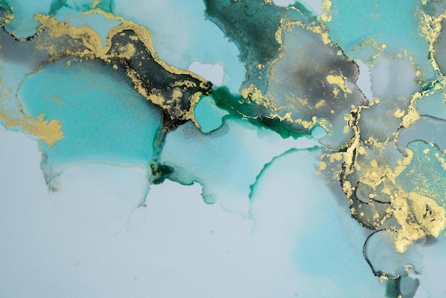 A painting of a blue and green abstract painting with gold and turquoise paint.