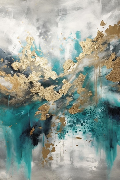 A painting of a blue and green abstract painting with gold and turquoise paint.