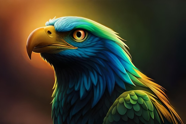 A painting of a blue and green bird with a yellow beak.