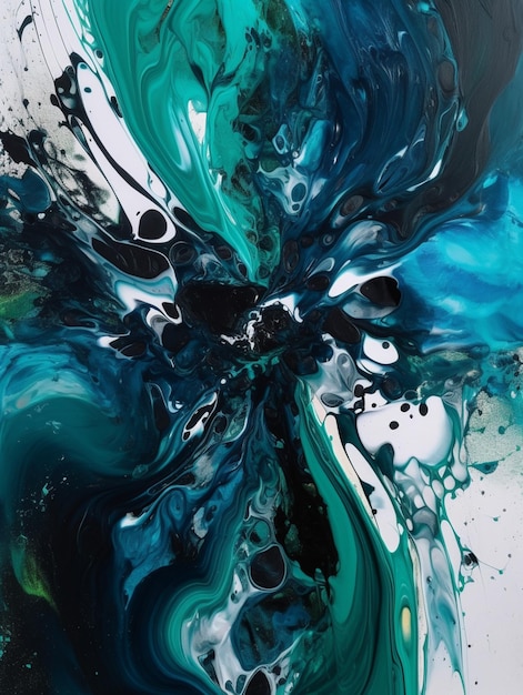 A painting of a blue and green liquid swirls.