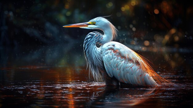 A painting of a blue heron in a puddle