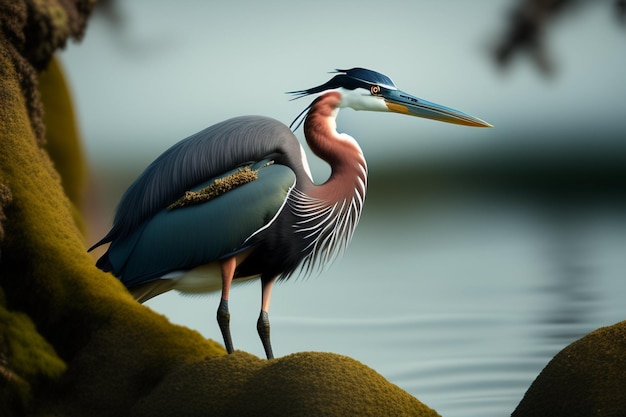 A painting of a blue heron with a long beak and a long bill.