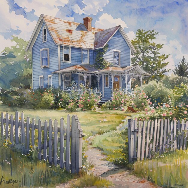 a painting of a blue house with a fence in the foreground