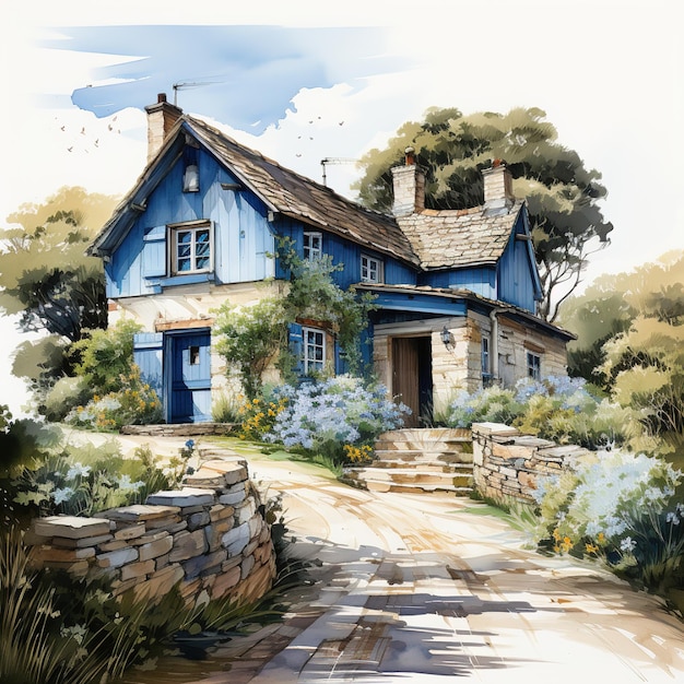 a painting of a blue house with a house in the background