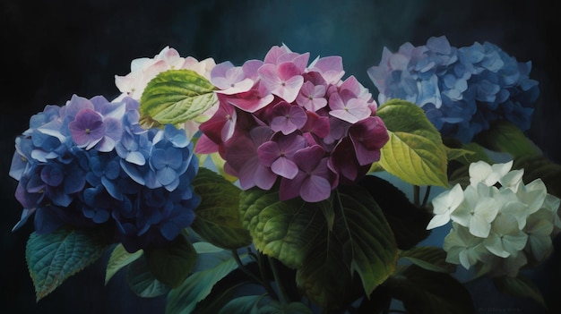 A painting of a blue hydrangea with green leaves.