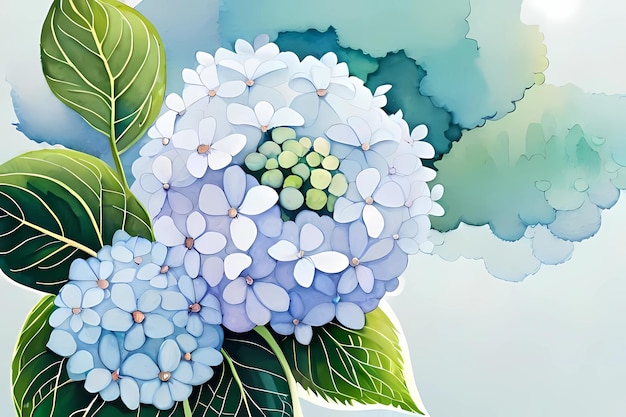 A painting of blue hydrangea with green leaves