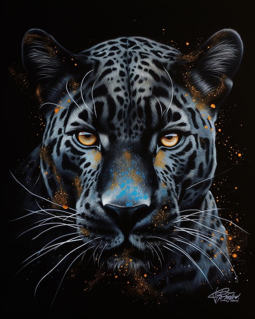 A painting of a blue jaguar with orange eyes