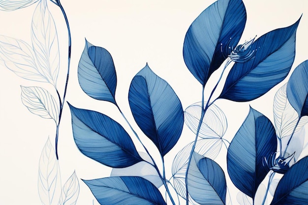 파란색과 흰색이라는 단어가 있는 푸른 잎 그림.