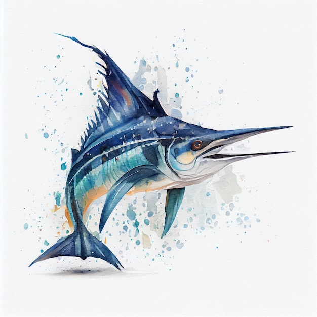 A painting of a blue marlin fish with blue and orange spots.