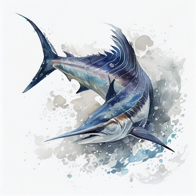 A painting of a blue marlin fish with the word marlin on it.