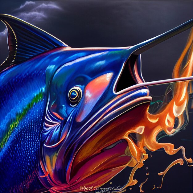 A painting of a blue marlin with flames on the bottom.