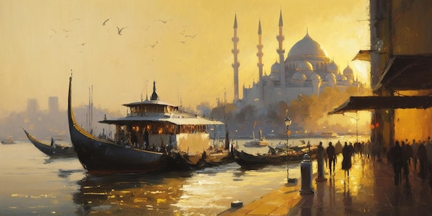 A painting of a blue mosque and a boat in the foreground.