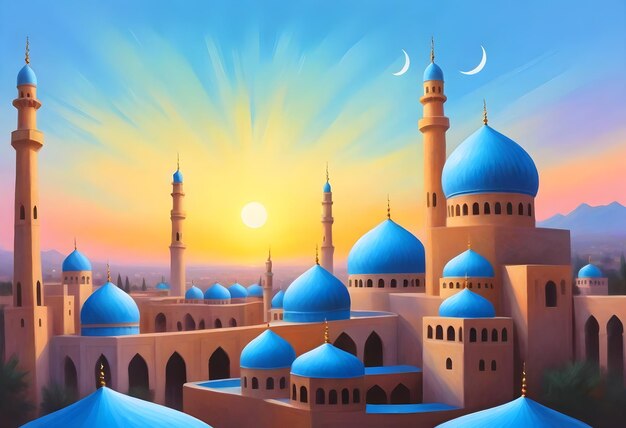 Photo a painting of a blue mosque with the sun in the background