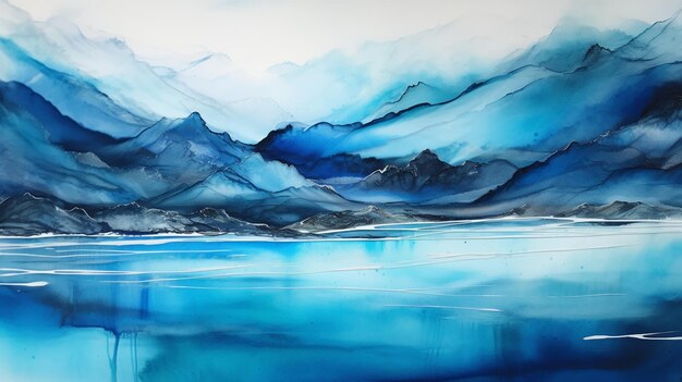 Painting of a blue mountain lake with a mountain range in the background generative ai