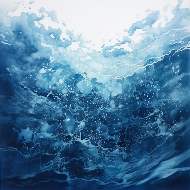 painting of a blue ocean with bubbles and water droplets generative ai