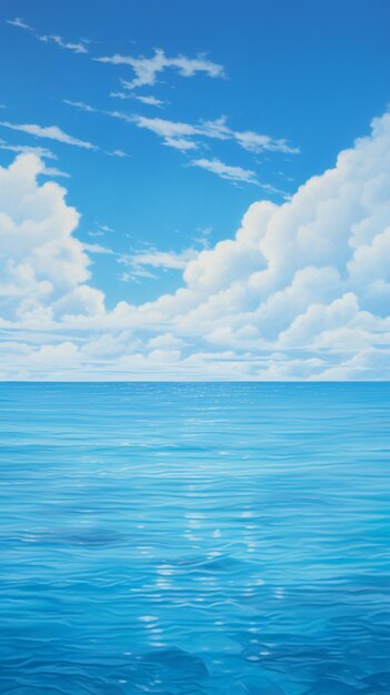 Painting of a blue ocean with clouds and a boat in the distance generative ai