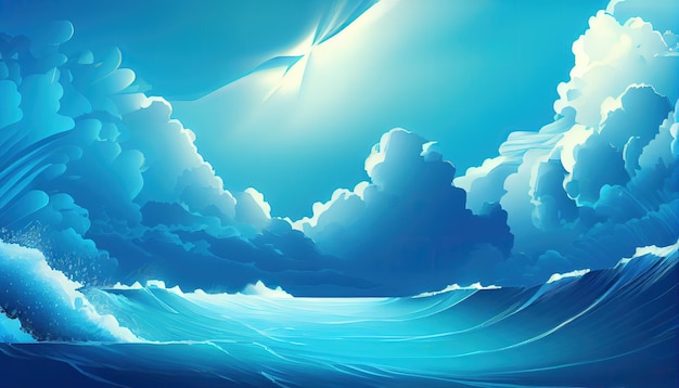 A painting of a blue ocean with white clouds generative AI
