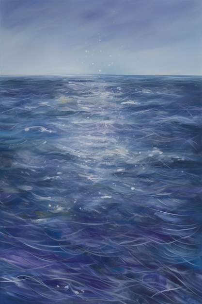 A painting of a blue ocean with the words " the sea " on the bottom.