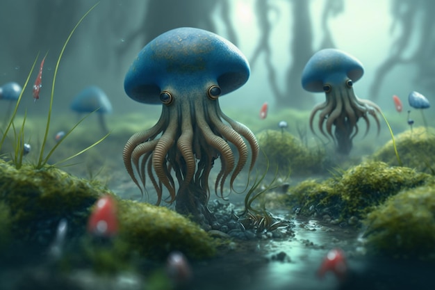 A painting of blue octopuses in a forest