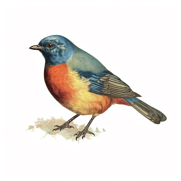 노란색과 주황색 가슴을 가진 파란색과 주황색 새의 그림.