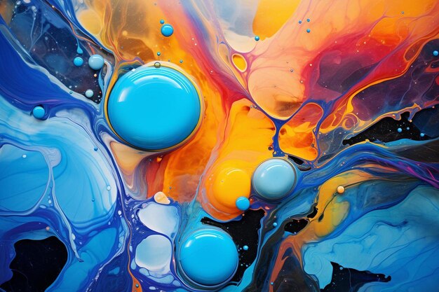 A painting of blue and orange bubbles by person
