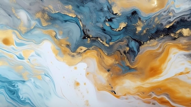 A painting of a blue and orange liquid with a white background.