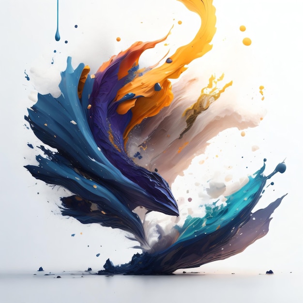 A painting of a blue and orange paint splashing in the air.