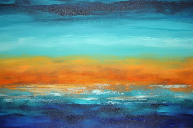 A painting of a blue and orange sunset over the ocean.