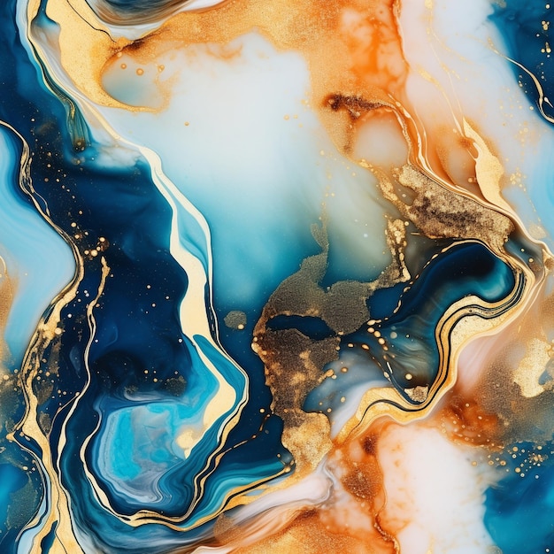 a painting of a blue, orange, and yellow colored liquid.