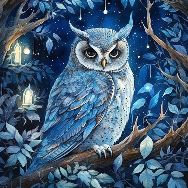 painting of a blue owl sitting on a branch in a forest generative ai