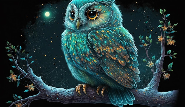 A painting of a blue owl sitting on a branch.