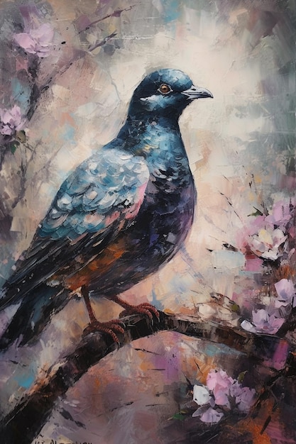 A painting of a blue pigeon on a branch