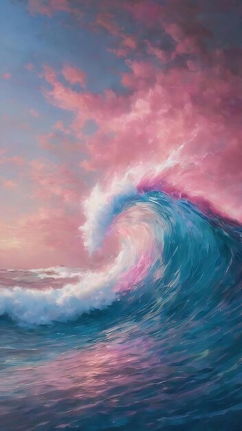 A painting of a blue and pink wave with the words