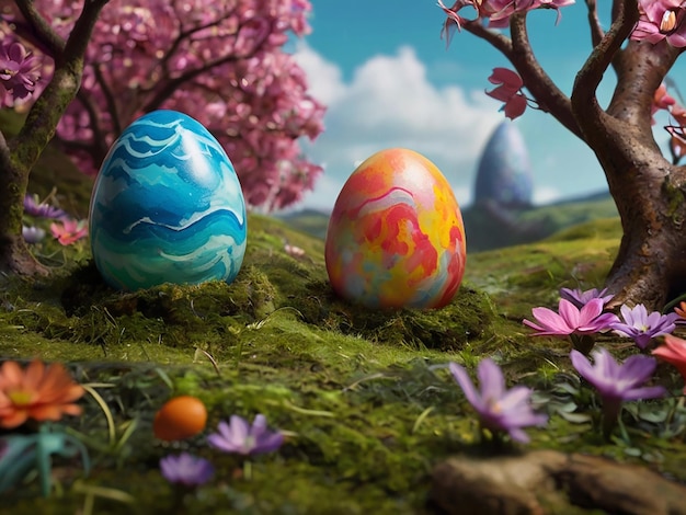 a painting of a blue and purple easter egg with flowers in the background