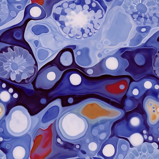 A painting of a blue and red background with circles and dots.