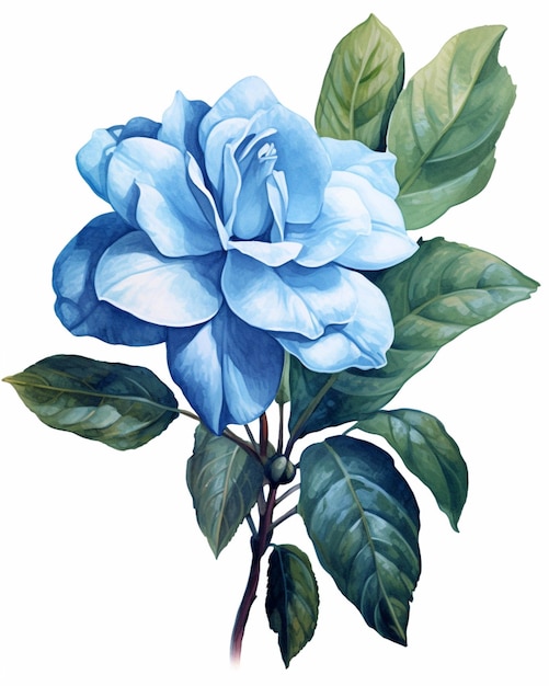 Painting of a blue rose with green leaves on a white background generative ai