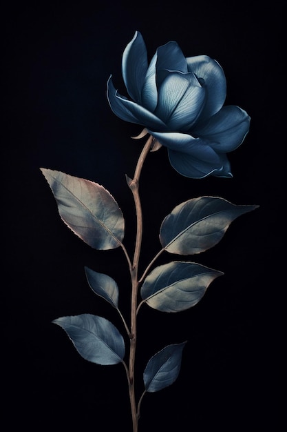 Photo a painting of a blue rose with the leaves on it