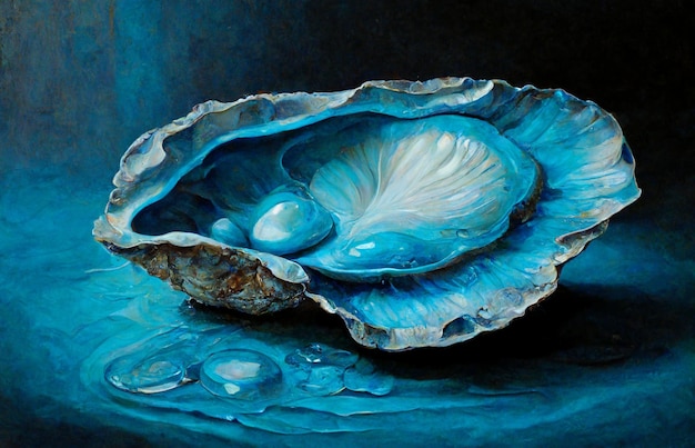 painting of a blue shell with a pearl inside on a blue surface generative ai