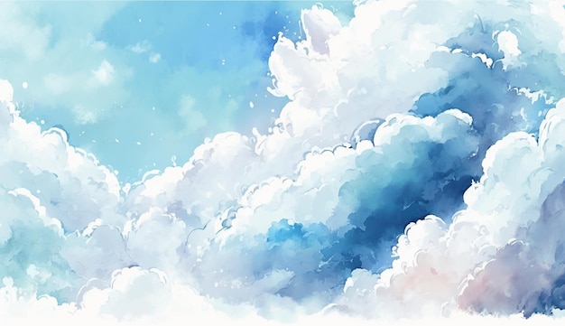 A painting of a blue sky with clouds and a bird flying in the sky.