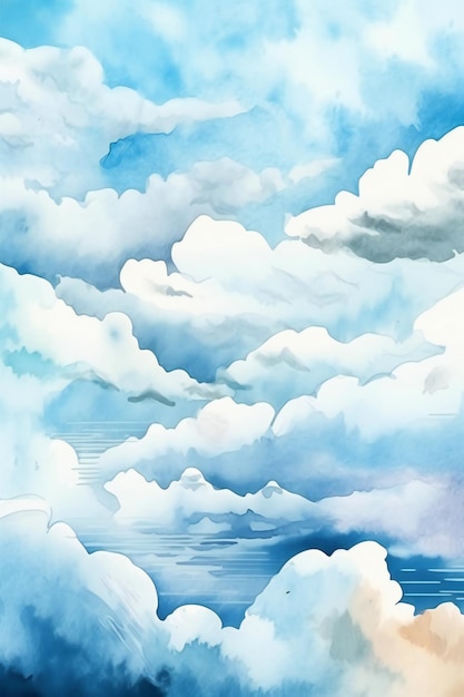A painting of a blue sky with clouds and a boat in the distance.
