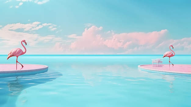 A painting of a blue sky with clouds and a couple of pink boats floating on the water.