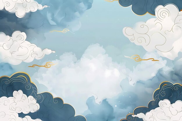 Photo a painting of a blue sky with clouds and gold ribbon