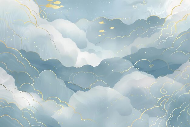 Photo a painting of a blue sky with gold stars and clouds