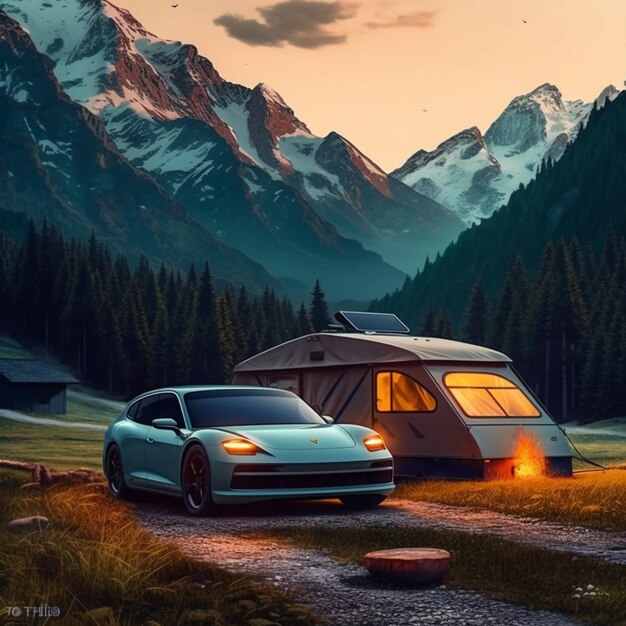 A painting of a blue sports car and a camper with the words porsche on it.