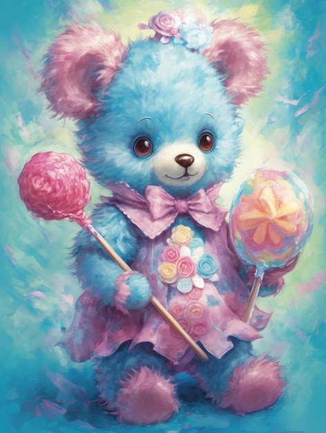 Foto dipinto di un orsacchiotto blu che tiene in mano un lecca-lecca e un fiocco rosa ai creativo
