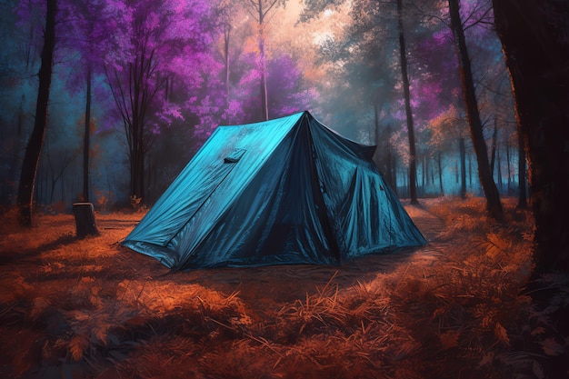 A painting of a blue tent in a forest with purple trees in the background.