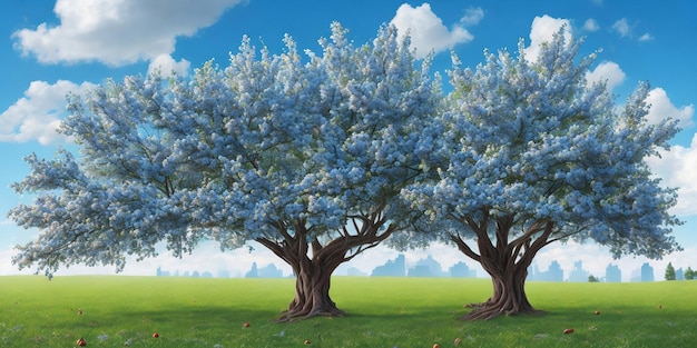 A painting of blue trees with the sky in the background