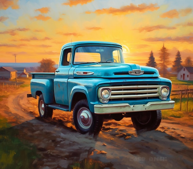 a painting of a blue truck with the word ford on it